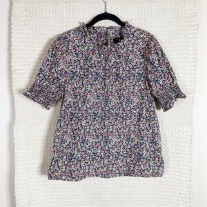 J. CREW navy and pink Meadow Floral Smocked Puff-Sleeve cotton poplin top S